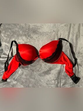 Victoria's Secret Red Satin Push-Up Bra with Black Lace